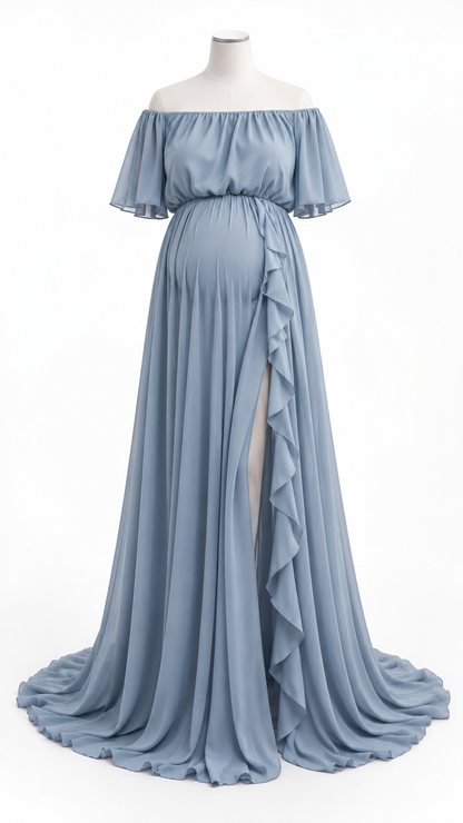 Dusty blue off-shoulder maternity gown with flutter sleeves and ruffled slit skirt on a dress form