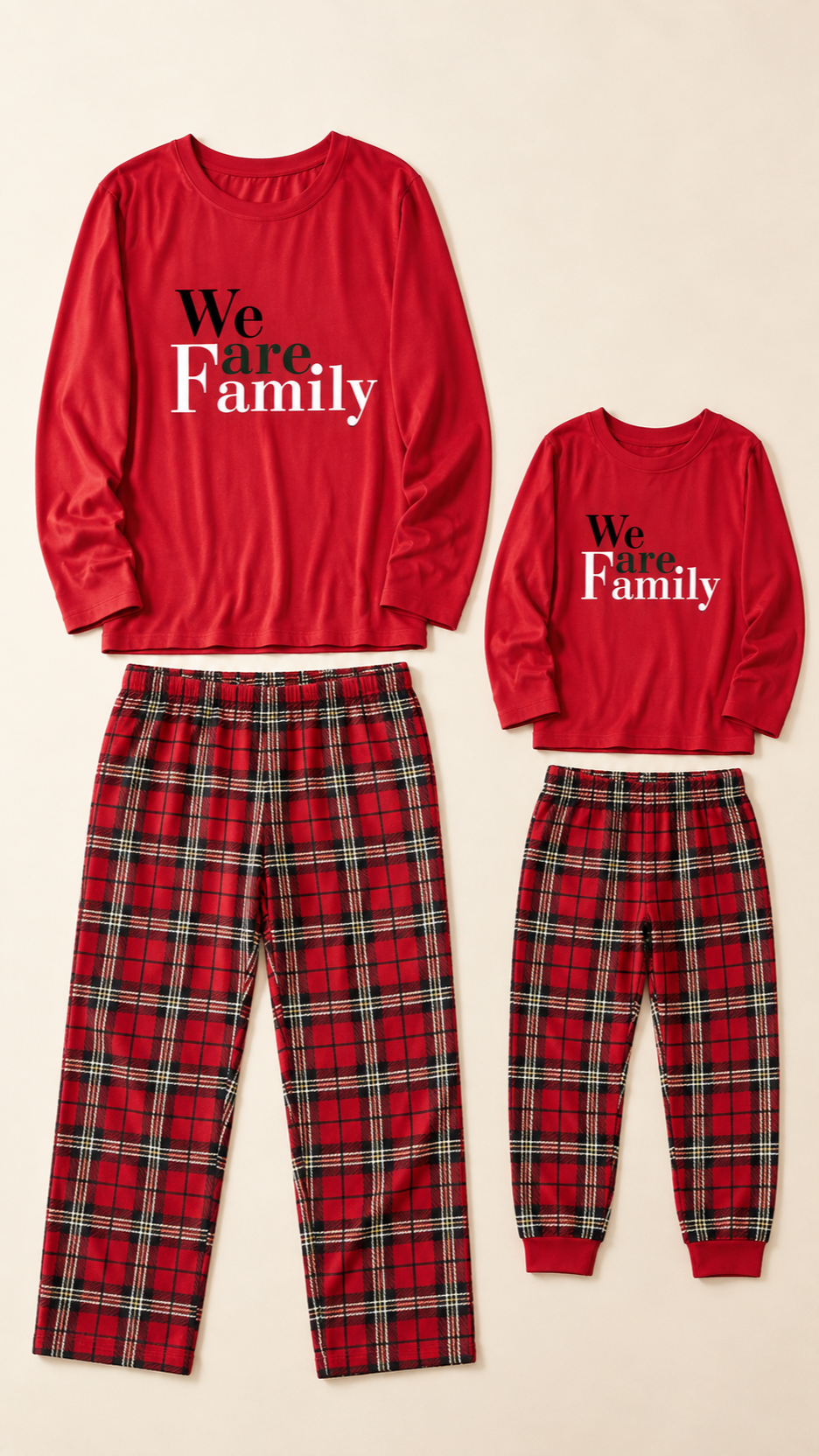 We Are Family Red matching Christmas pajama sets for an adult and a child, laid out without models.