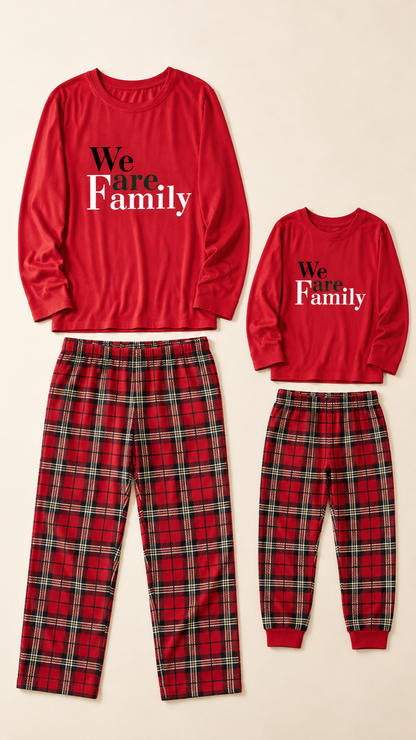 We Are Family Red matching Christmas pajama sets for an adult and a child, laid out without models.