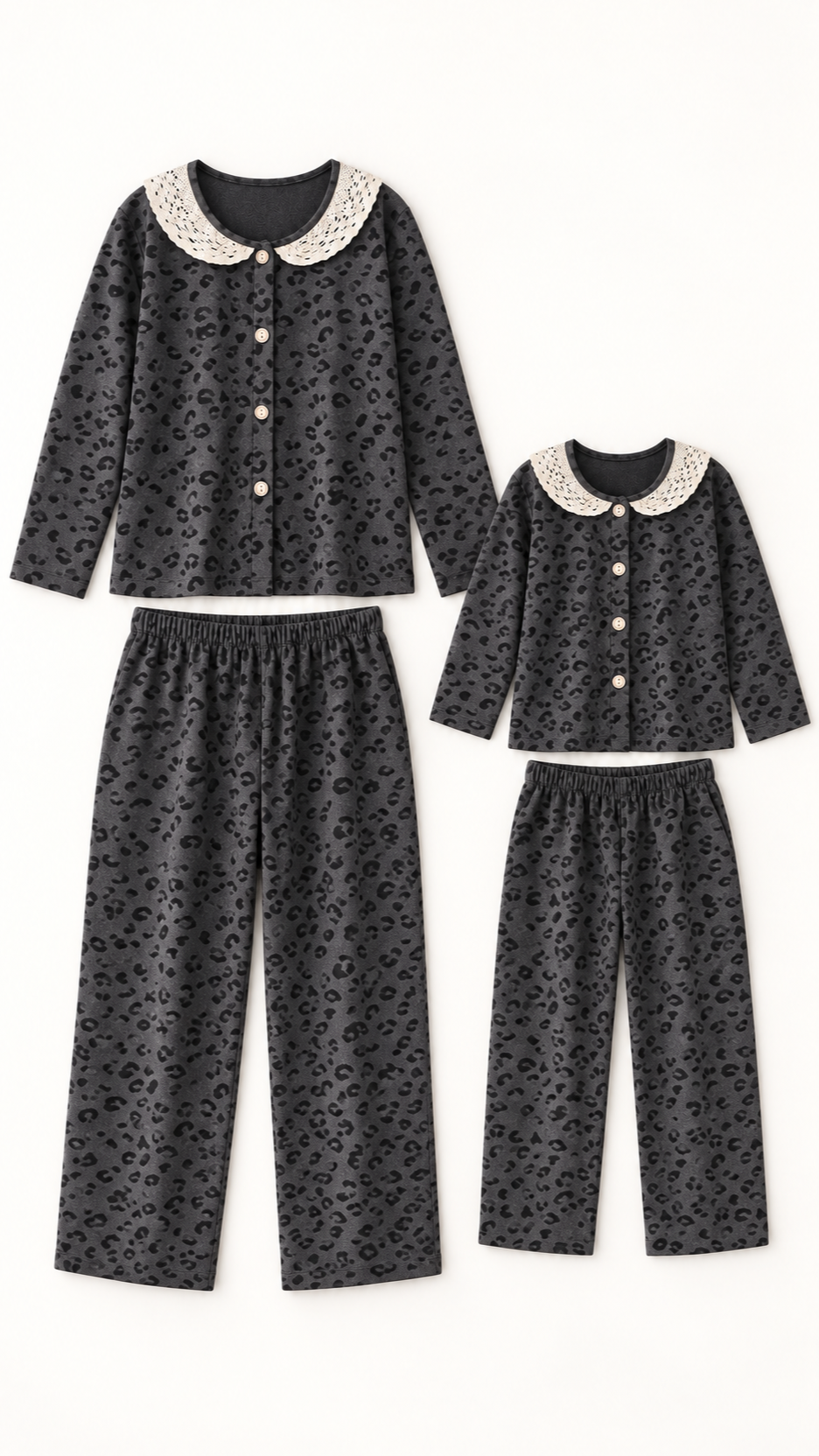 Charcoal Leopard Lace matching Christmas pajama sets for an adult and a child, laid out without models.
