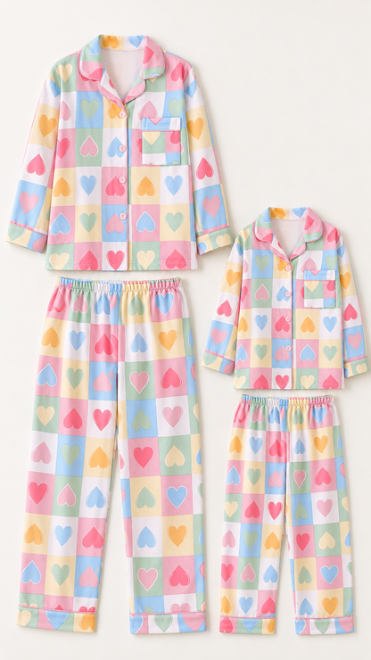 Rainbow Hearts matching Christmas pajama sets for an adult and a child, laid out without models.