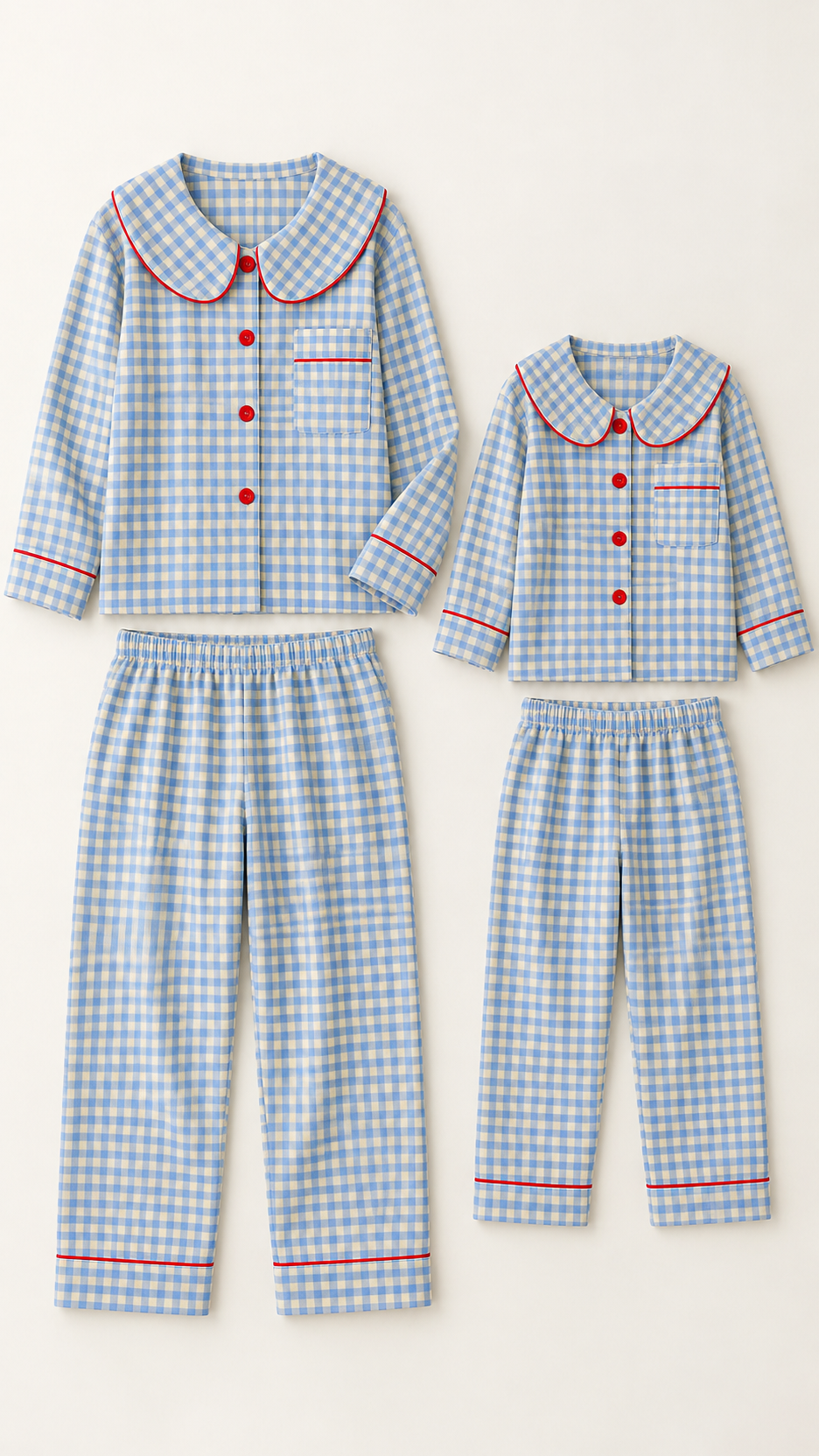 Blue Gingham Collar matching Christmas pajama sets for an adult and a child, laid out without models.