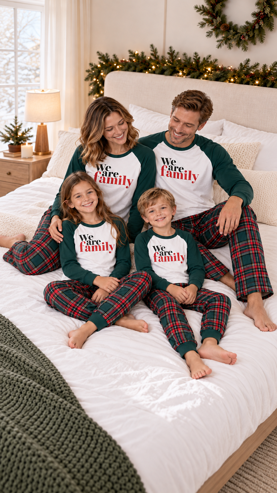 Family relaxing together at home in matching We Are Family Evergreen Christmas pajamas.