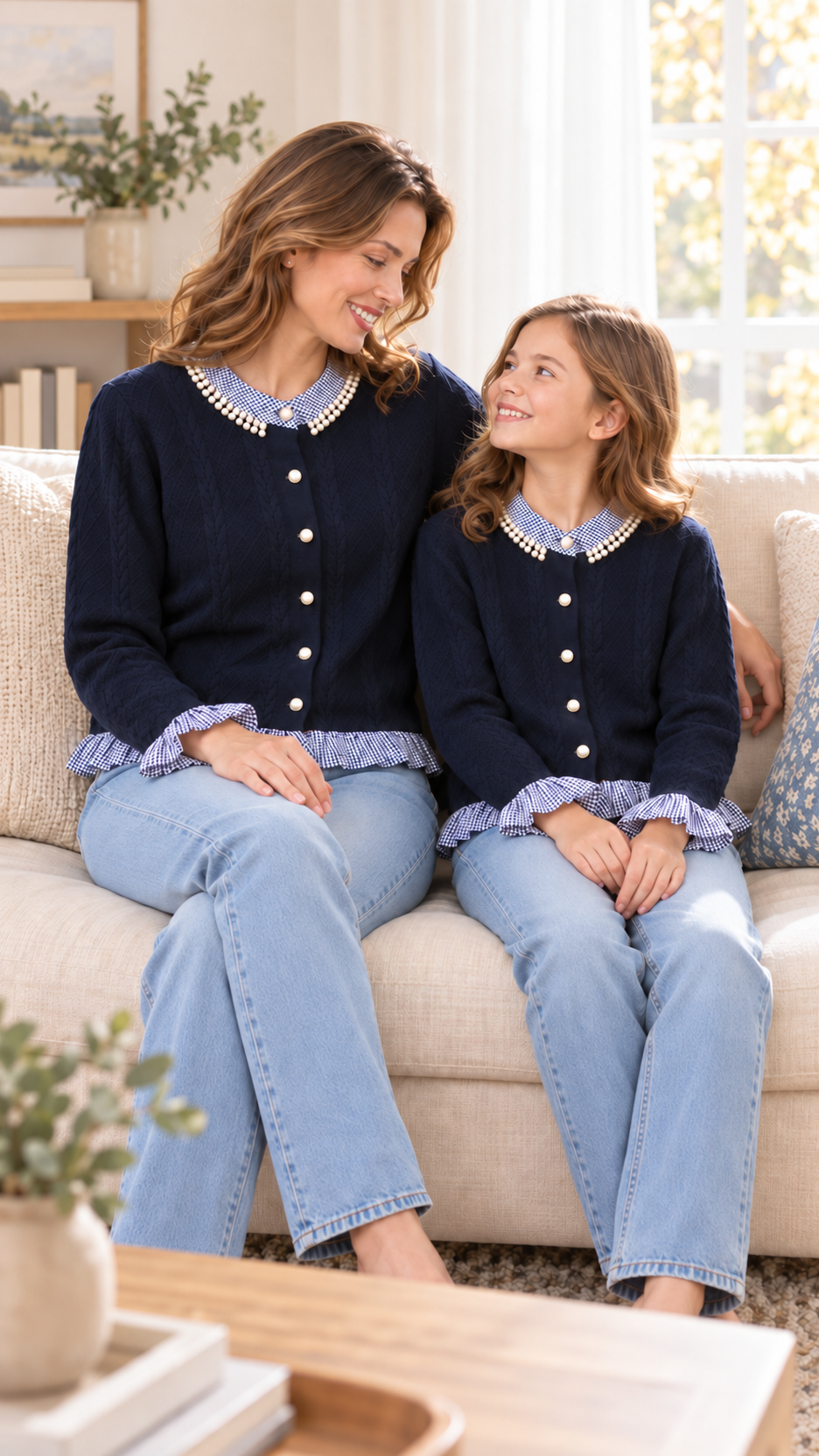 Maman et fille détendues ensemble à la maison en pulls en tricot Navy Pearl Gingham assortis.