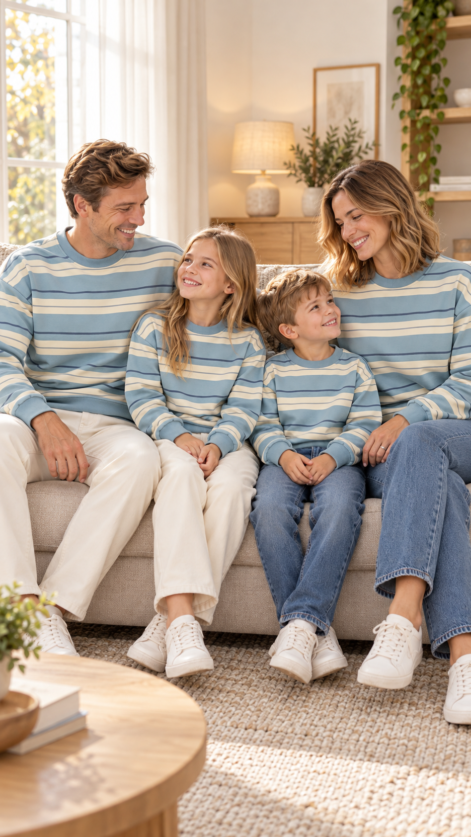 Family relaxing together at home in matching Sky Blue Stripe sweatshirts.