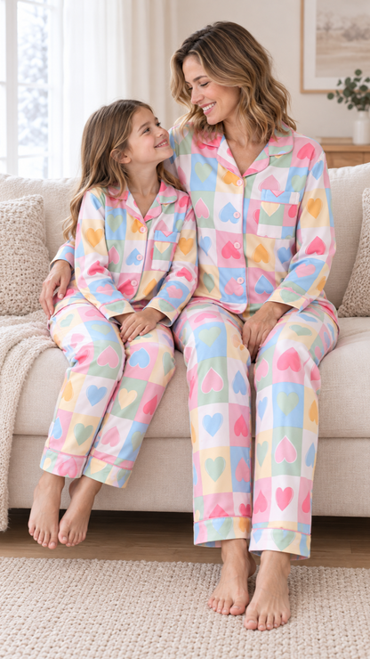 Family relaxing together at home in matching Rainbow Hearts Christmas pajamas.