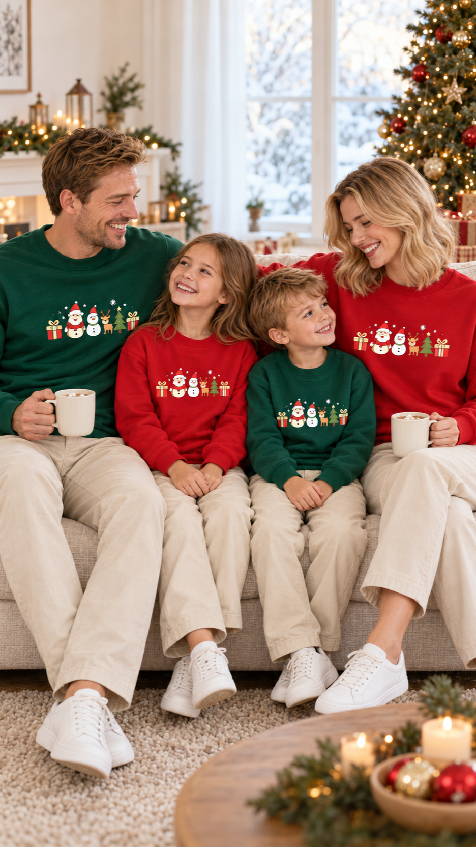Family relaxing together at home in matching Santa and Friends Christmas pajamas.