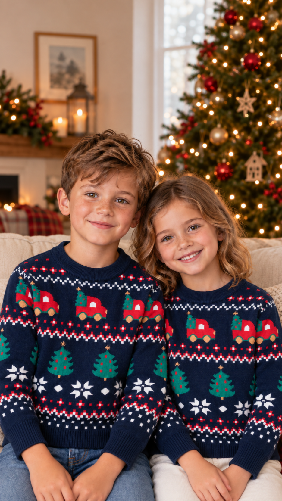Brother and sister sitting together in matching red truck Christmas sweaters.