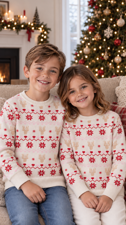 Brother and sister sitting together in matching Nordic hearts Christmas sweaters.
