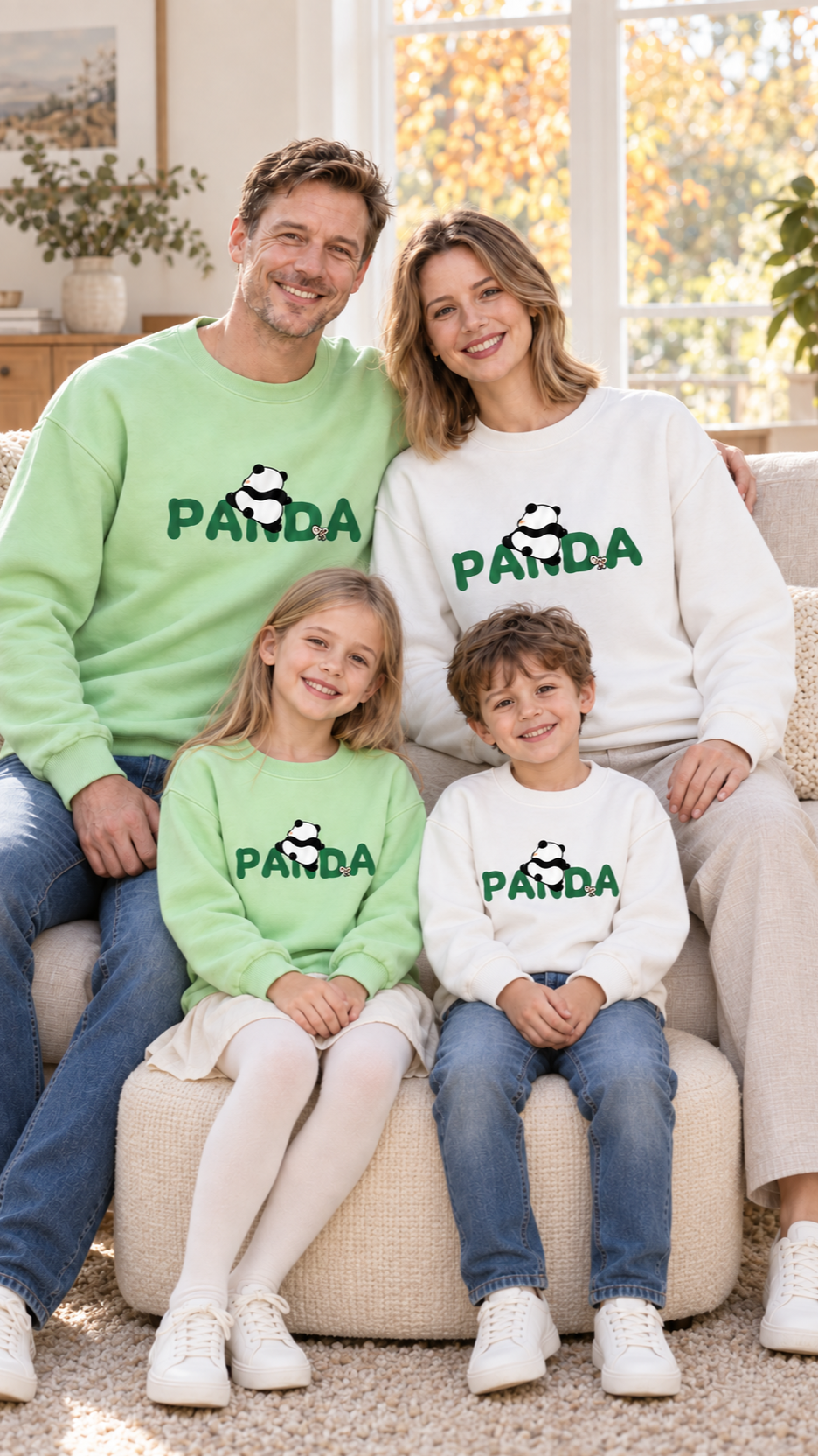 Family relaxing together at home in matching Panda sweatshirts.