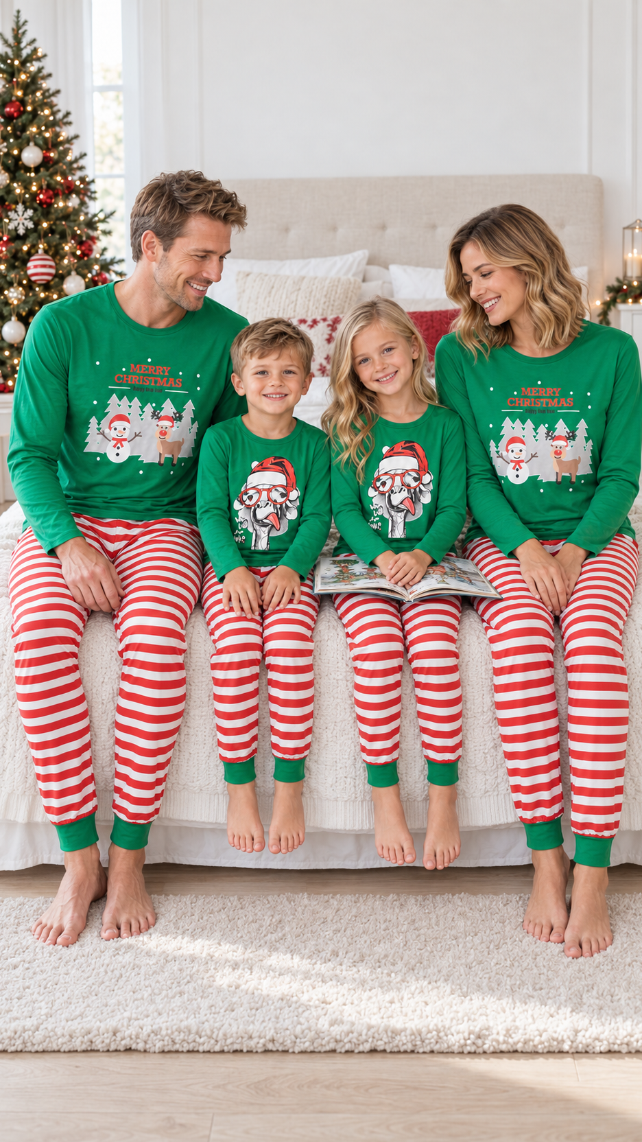 Family relaxing together at home in matching Snowy Village Stripes Christmas pajamas.