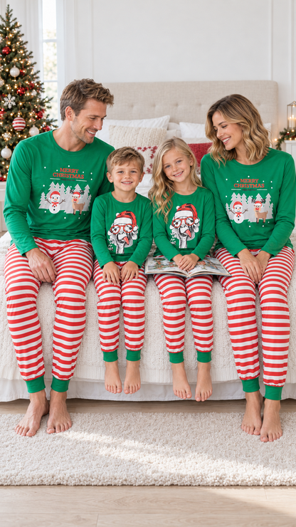 Family relaxing together at home in matching Snowy Village Stripes Christmas pajamas.