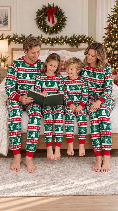 Family relaxing together at home in matching Evergreen Fair Isle Christmas pajamas.