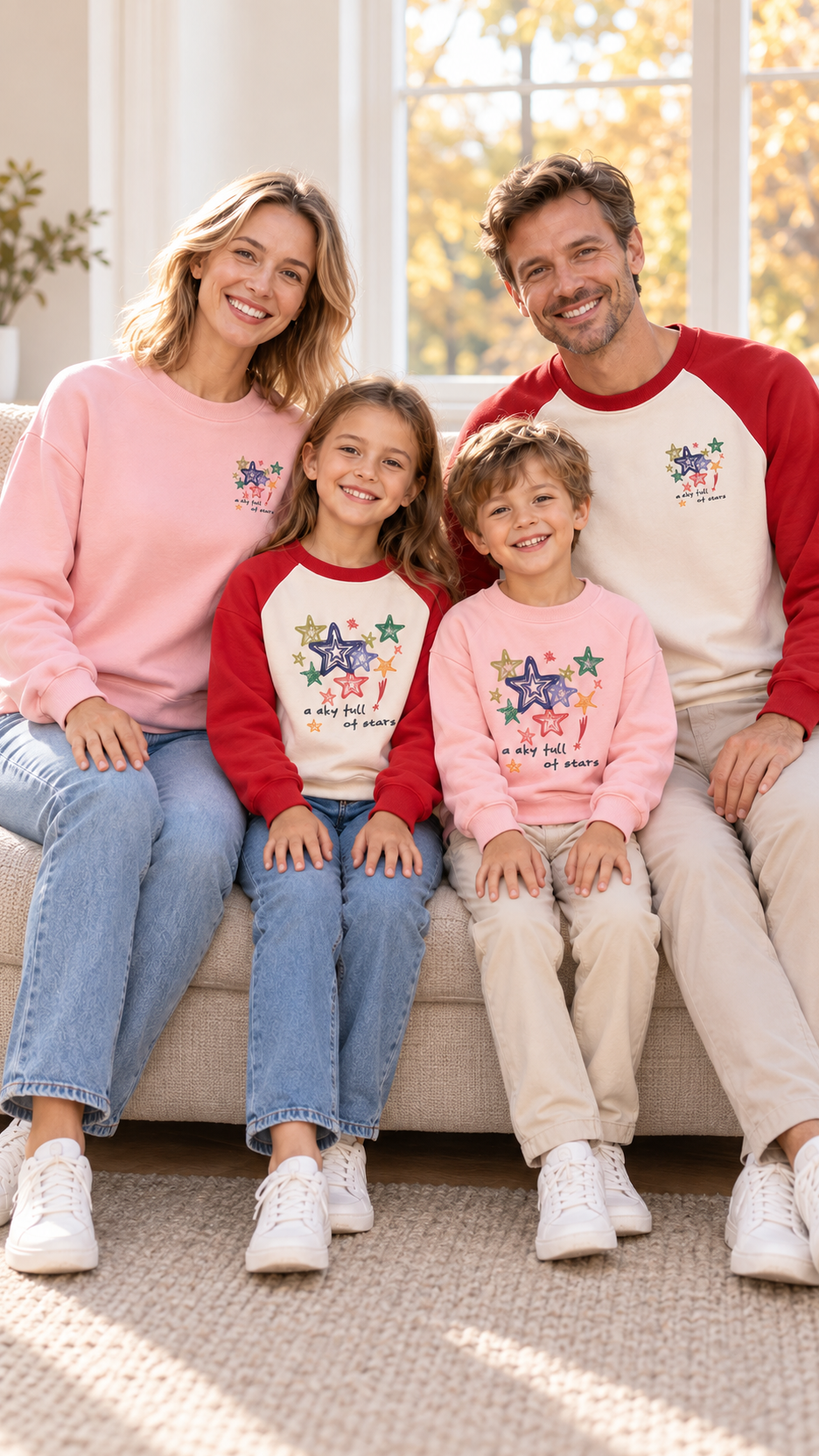 Family relaxing together at home in matching Starry Sky sweatshirts.