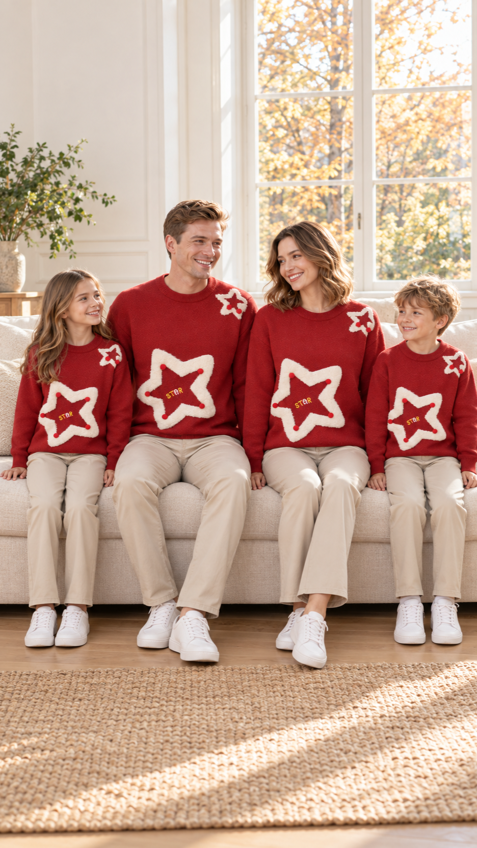 Family relaxing together at home in matching Pom-Pom Star knit sweaters.