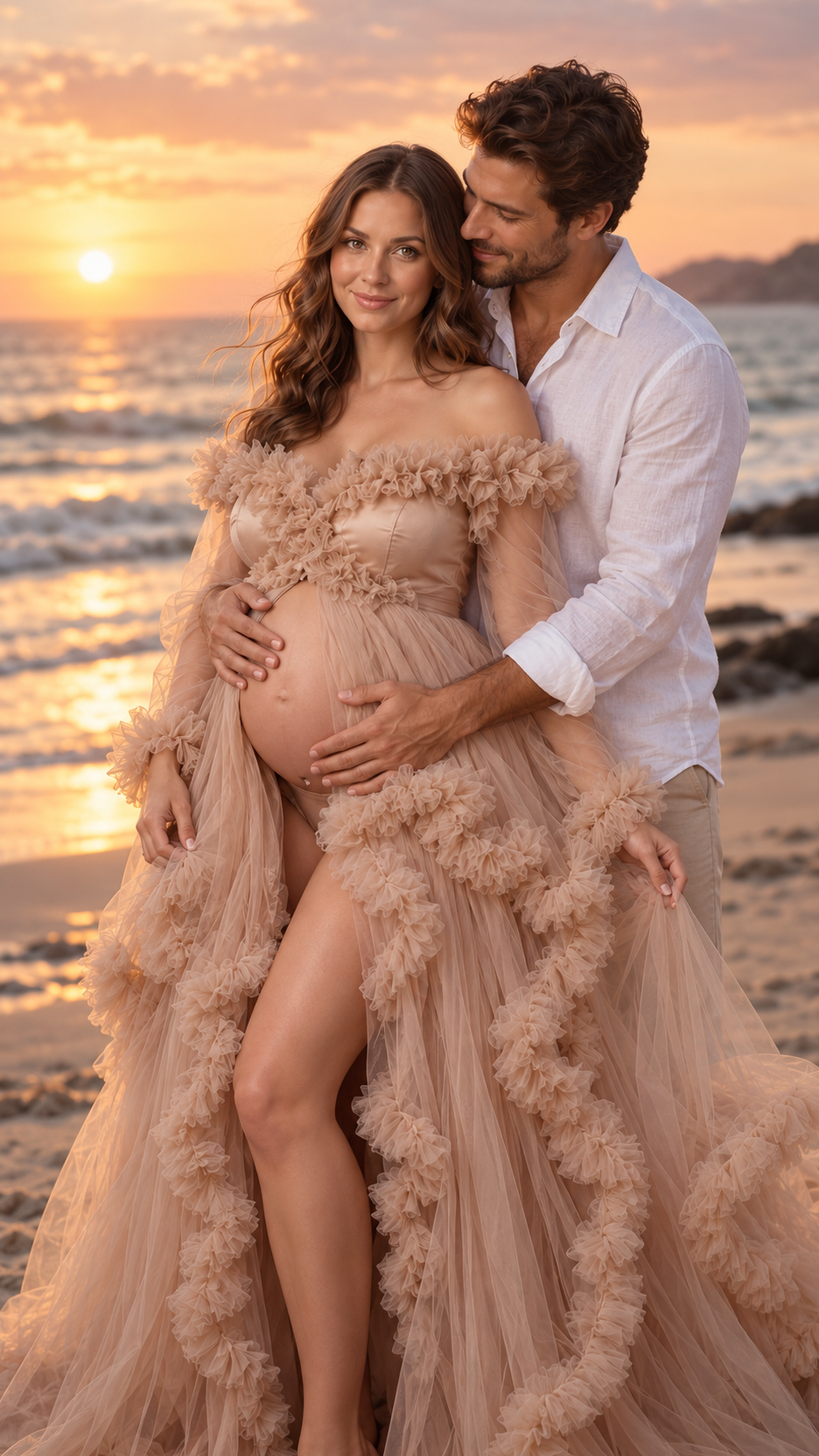 Expecting mother in a nude blush ruffled tulle maternity gown with her partner