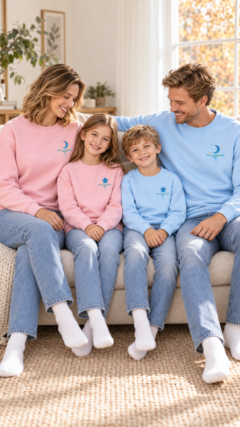 Family relaxing together at home in matching Moon and Star sweatshirts.