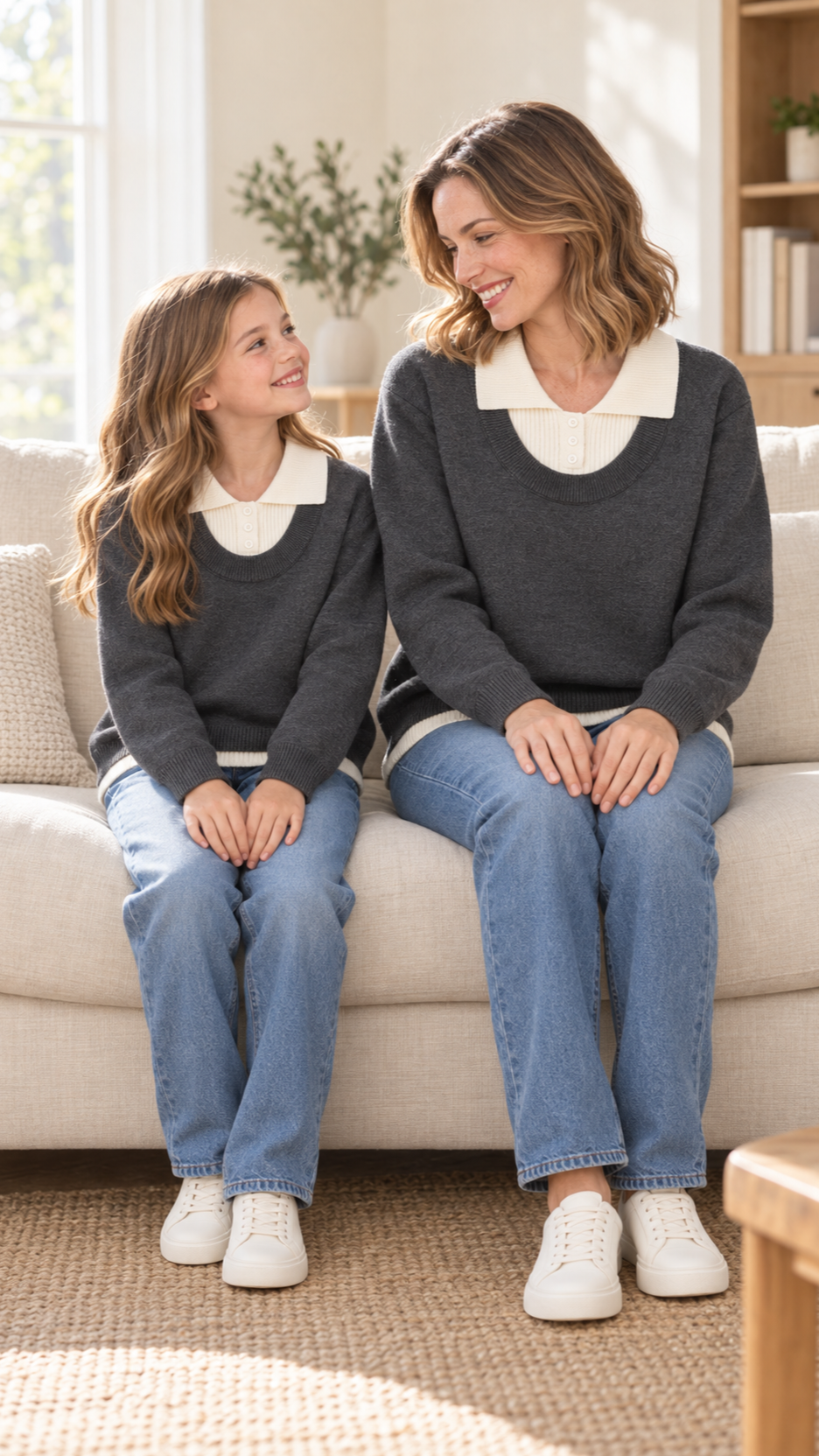 Mom and daughter relaxing together at home in matching Charcoal Cream Collar knit sweaters.