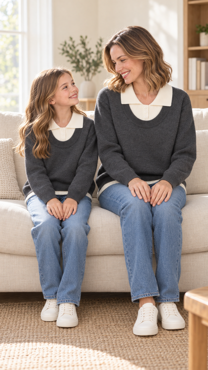 Mom and daughter relaxing together at home in matching Charcoal Cream Collar knit sweaters.