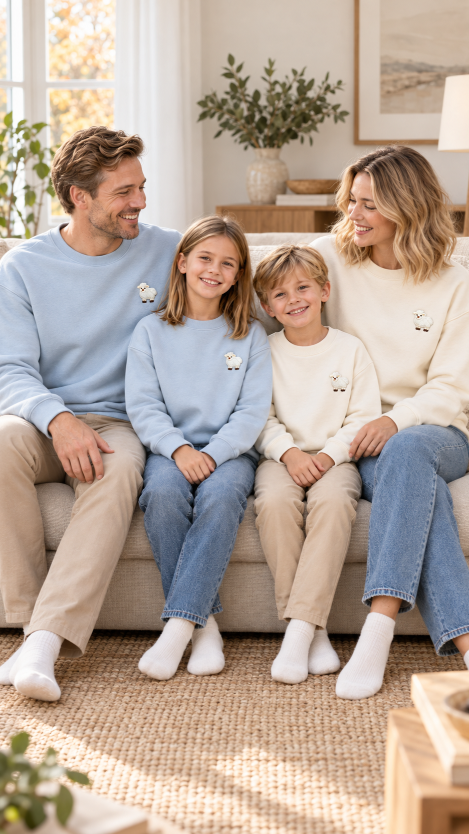 Family relaxing together at home in matching Little Lamb sweatshirts.