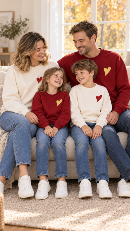 Family relaxing together at home in matching Little Heart sweatshirts.