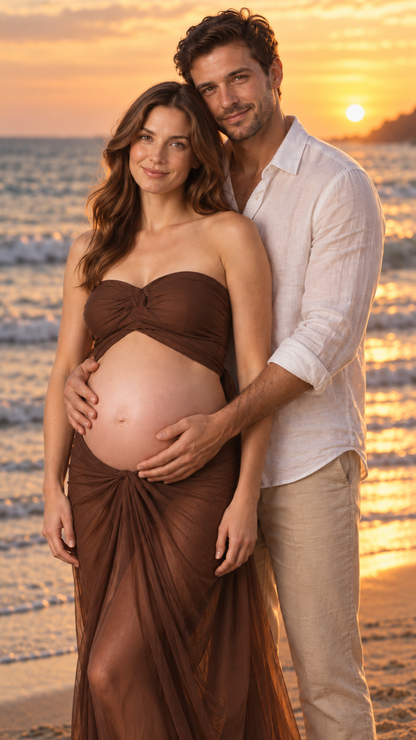 Expecting mother in a chocolate brown top and long skirt maternity set with her partner