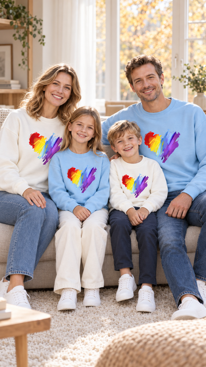 Family relaxing together at home in matching Scribble Heart sweatshirts.