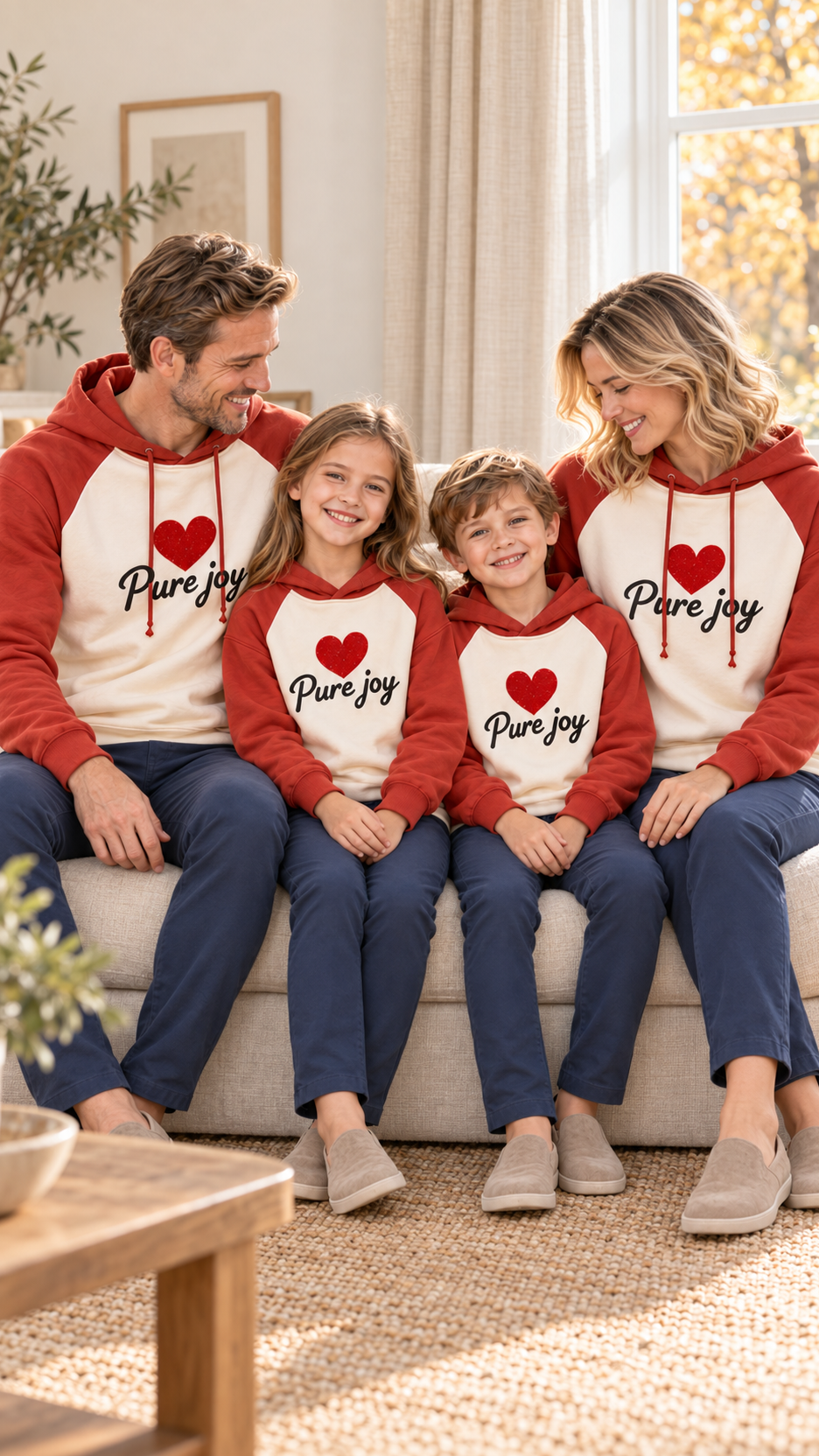 Family relaxing together at home in matching Pure Joy Heart sweatshirts.