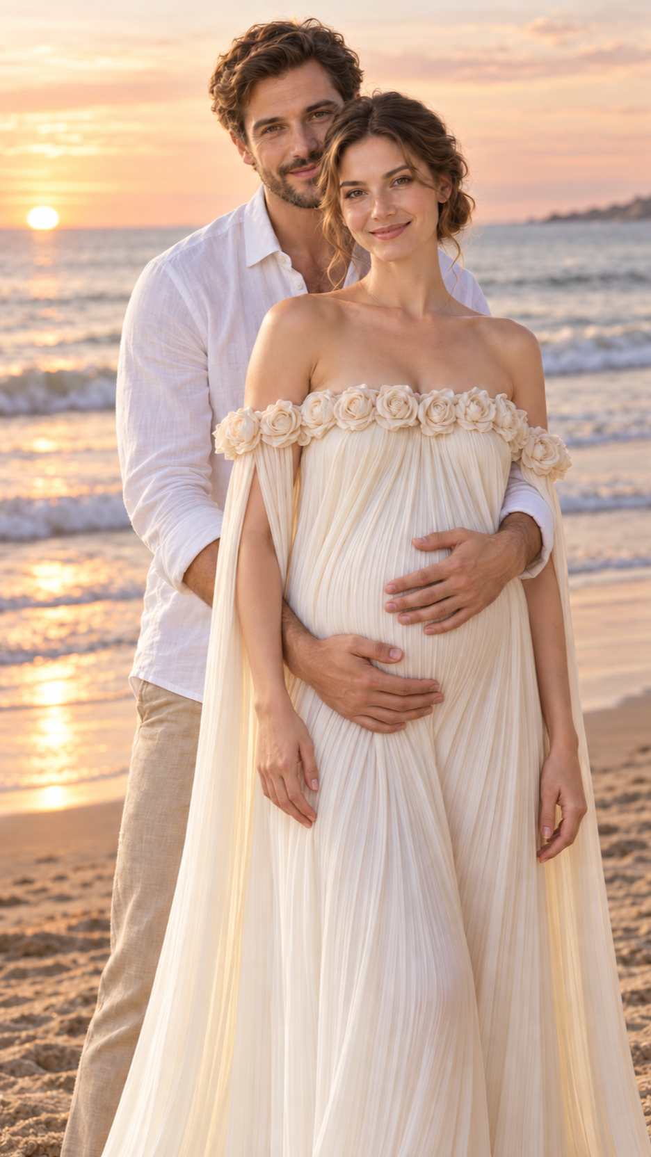 Expecting mother in an ivory pleated maternity dress with her partner