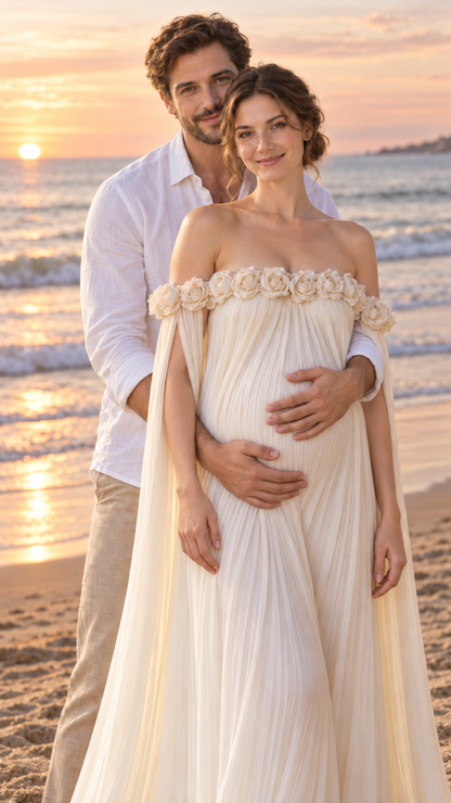 Expecting mother in an ivory pleated maternity dress with her partner