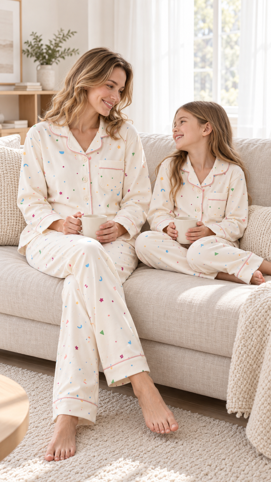 Family relaxing together at home in matching Confetti Dots Christmas pajamas.