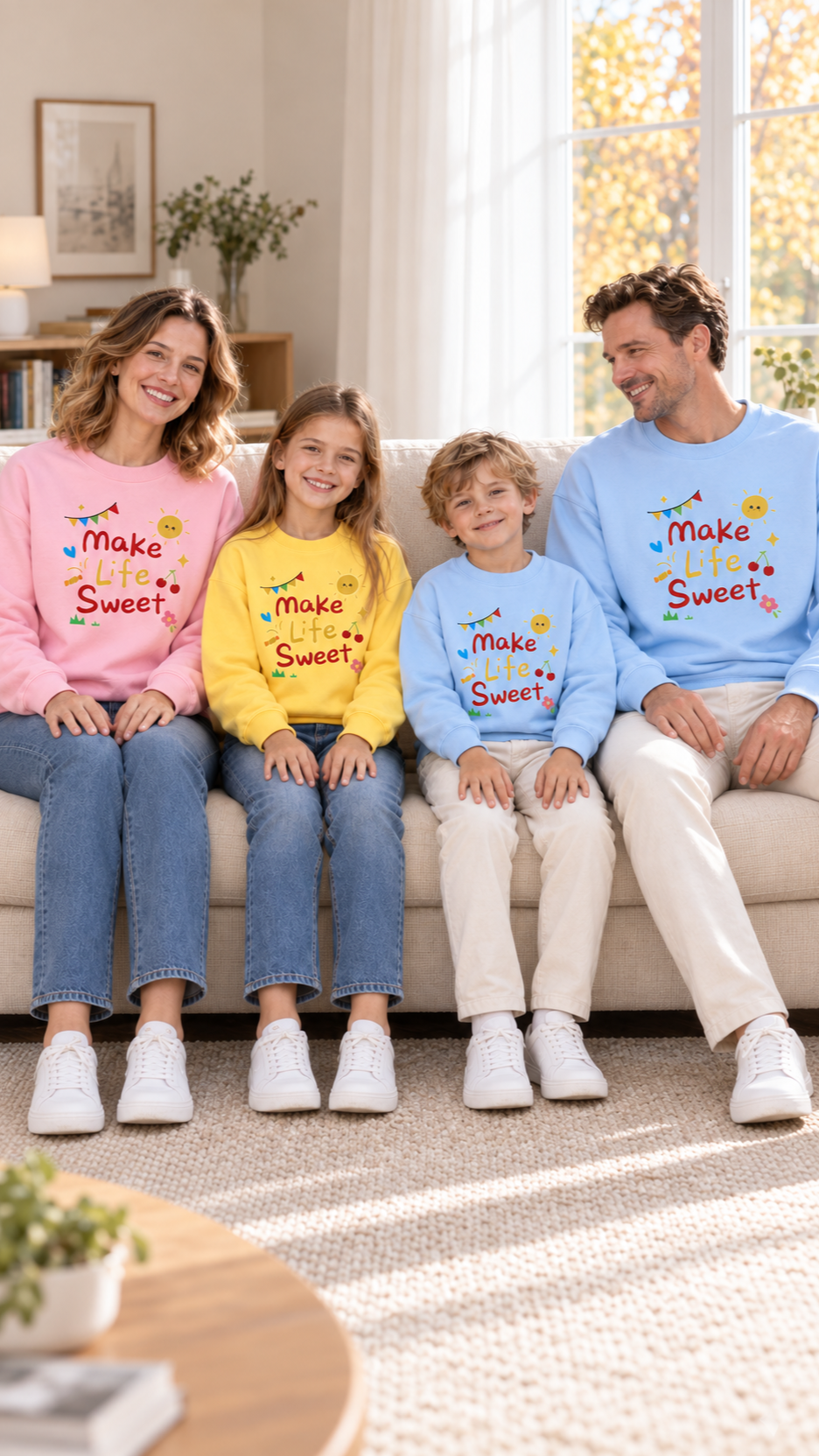 Family relaxing together at home in matching Make Life Sweet sweatshirts.