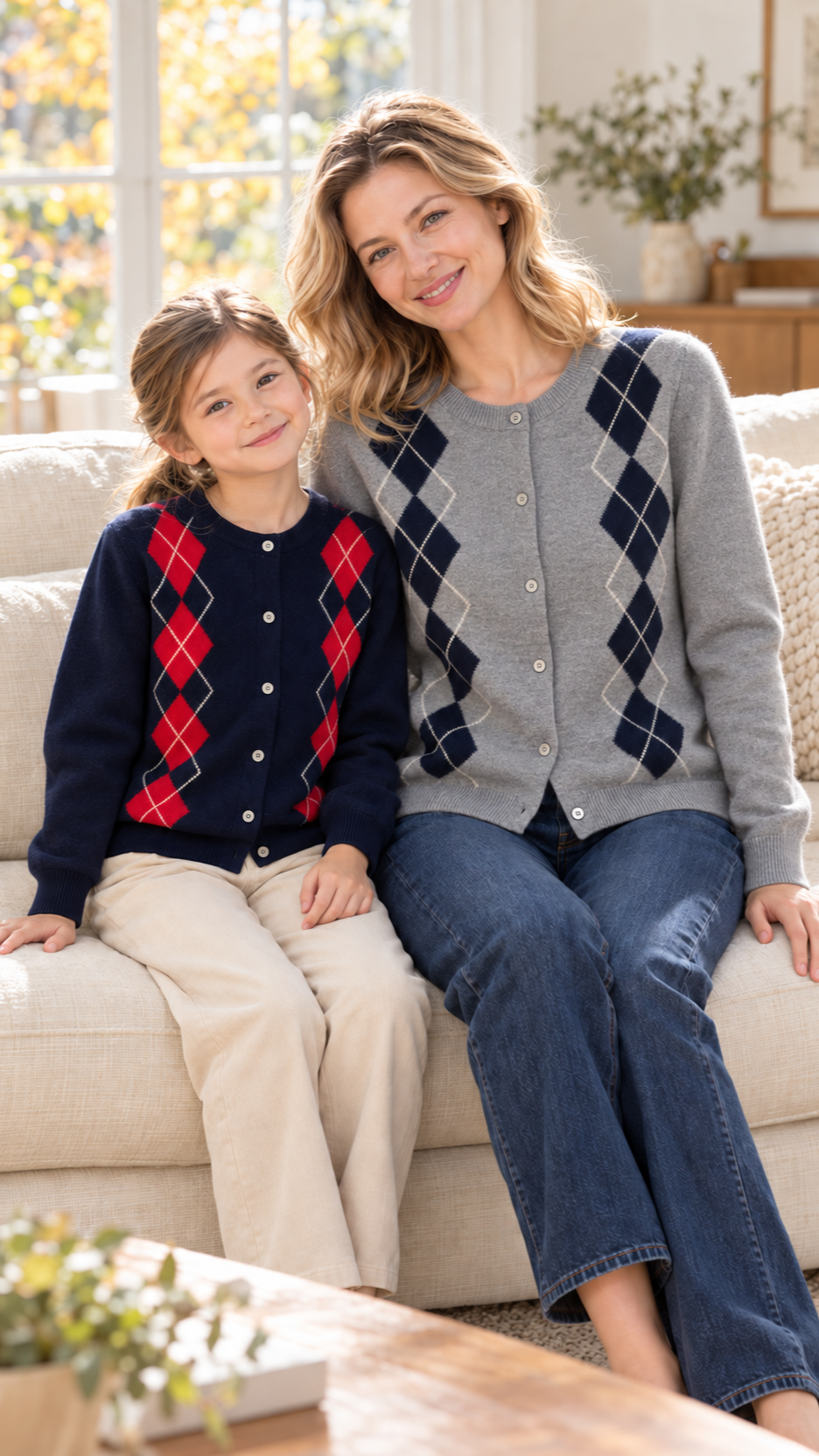Mom and daughter relaxing together at home in matching Argyle Wool knit sweaters.