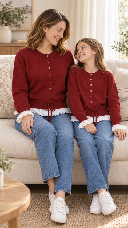 Mom and daughter relaxing together at home in matching Burgundy Ruffle knit sweaters.