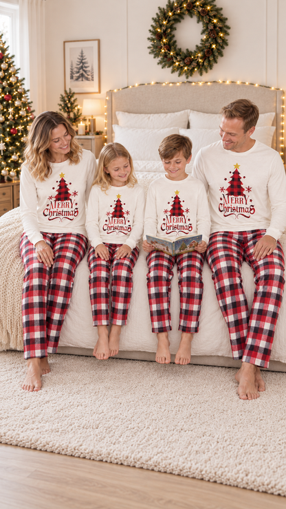 Family relaxing together at home in matching Buffalo Plaid Tree Christmas pajamas.
