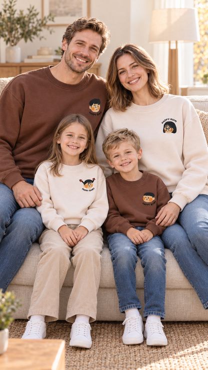 Family relaxing together at home in matching Happy Faces sweatshirts.