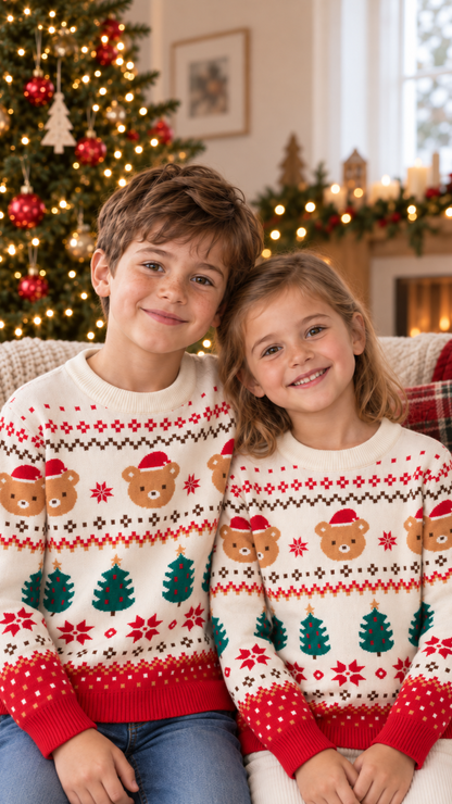 Brother and sister sitting together in matching teddy bear Christmas sweaters.