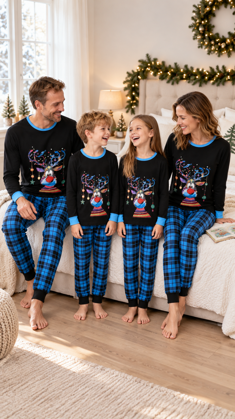 Family relaxing together at home in matching Blue Plaid Reindeer Christmas pajamas.