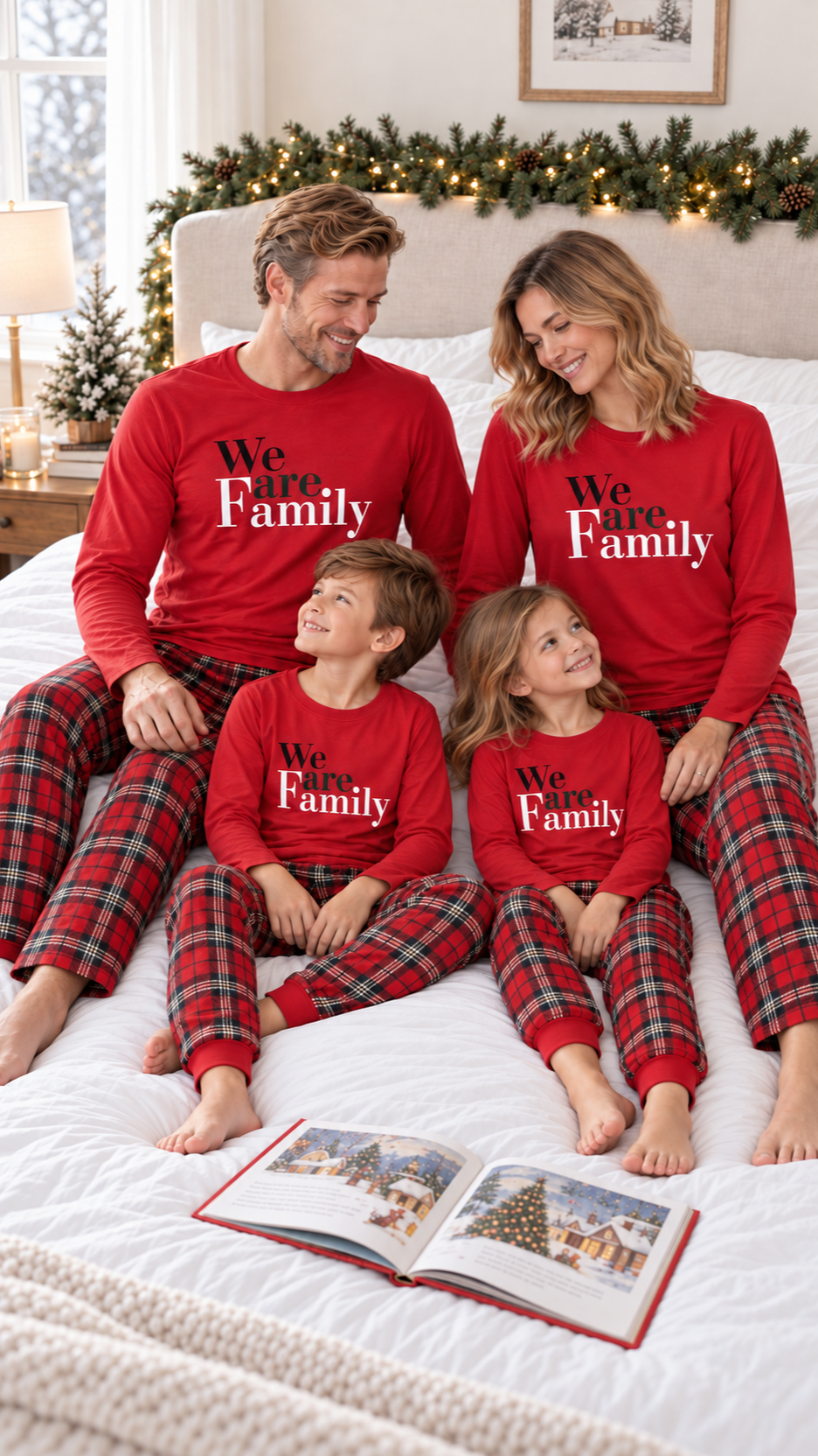 Family relaxing together at home in matching We Are Family Red Christmas pajamas.