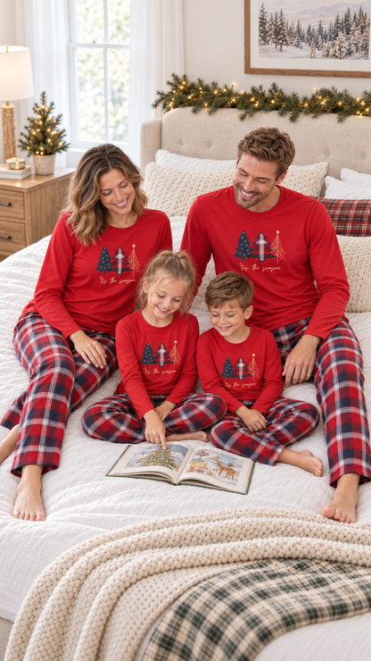 Familj som kopplar av tillsammans hemma i matchande Plaid Tree Trio-julpyjamasar