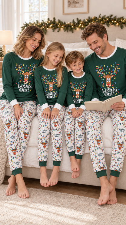 Family relaxing together at home in matching Lights Out Reindeer Christmas pajamas.
