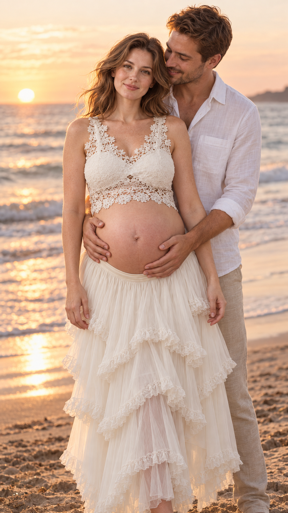 Expecting mother in an ivory lace top and tiered skirt maternity set with her partner