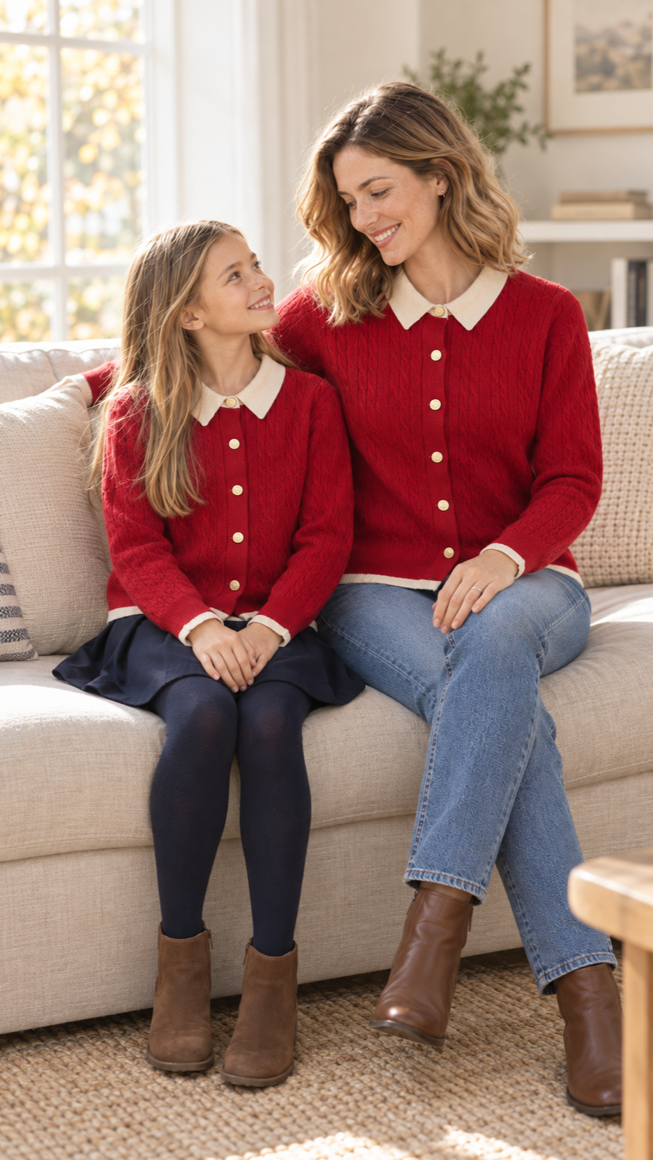 Мама и дочь отдыхают вместе дома в одинаковых вязаных свитерах Red Cable Cardigan.