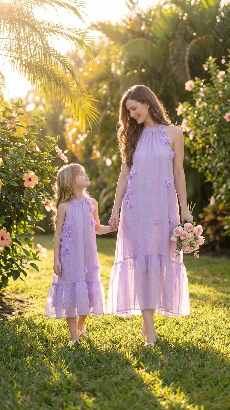 Lavender Mommy and Me Floral Applique Sleeveless Ruffle Dress