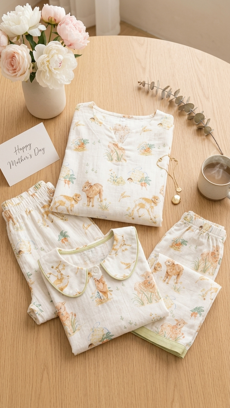 Little Sheep Meadow Mommy and Me Pajamas — Short-Sleeve Set in Beige photo 2