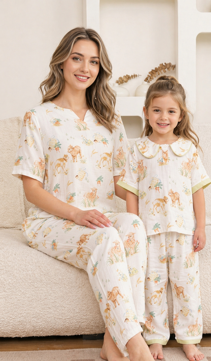 Little Sheep Meadow Mommy and Me Pajamas — Short-Sleeve Set in Beige photo 3