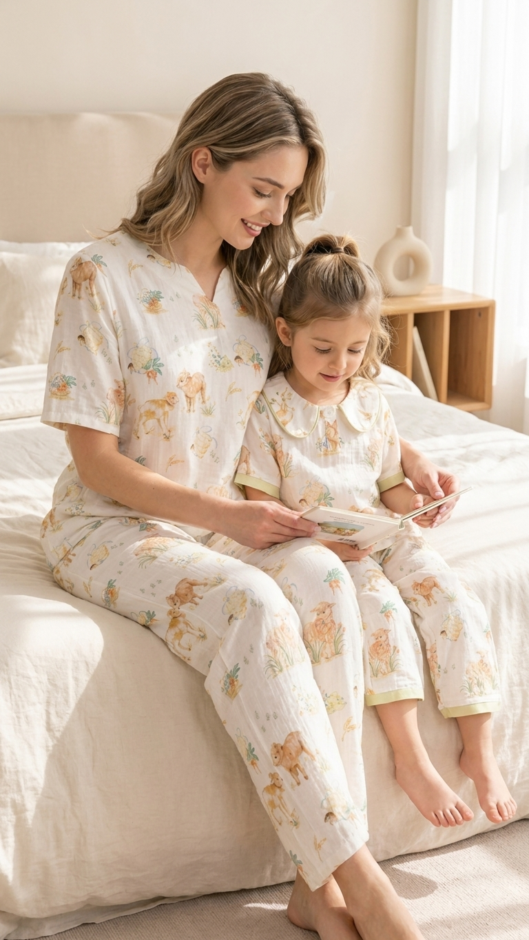 Little Sheep Meadow Mommy and Me Pajamas — Short-Sleeve Set in Beige photo 4