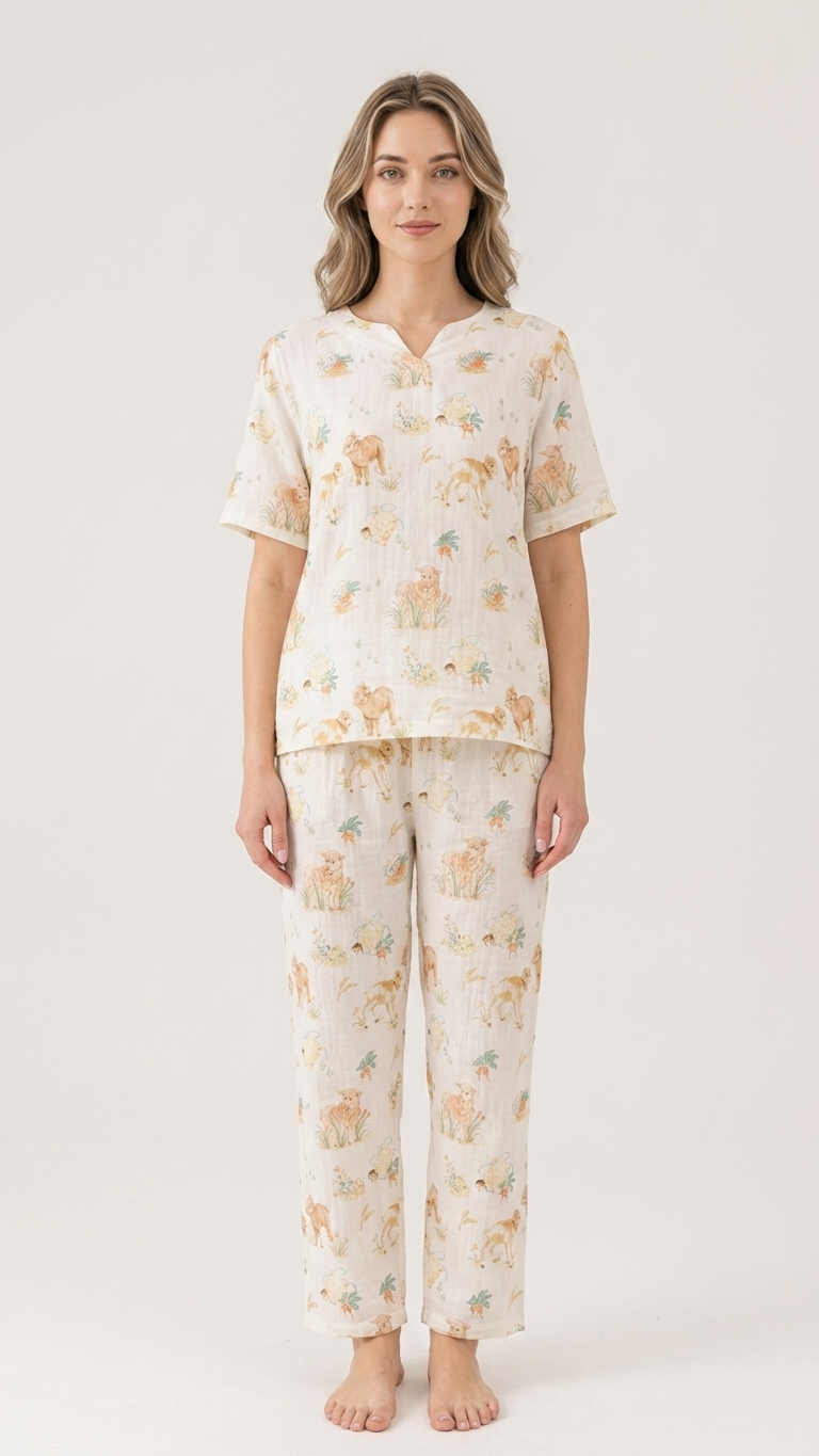 Little Sheep Meadow Mommy and Me Pajamas — Short-Sleeve Set in Beige photo 5