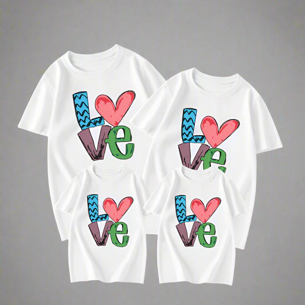 Matching family shirts set featuring colorful 'LOVE' text design in different color options