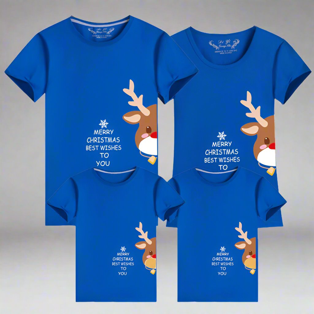 Matching blue holiday shirts for families with a cute reindeer illustration and festive messag
